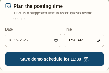 English demo scheduling controls showing 11:30; no posts are published.