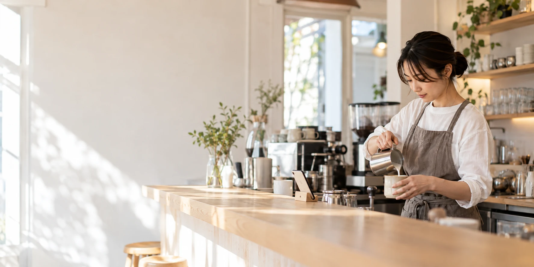 Illustrative generated café scene: a shop owner at work with a phone beside her. Not an actual customer.